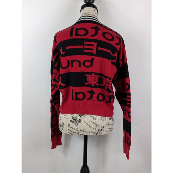 Womens Large Crop Sweater Red Black Pullover Kanji Japanese Harajuku Forever 21 - Picture 3 of 10